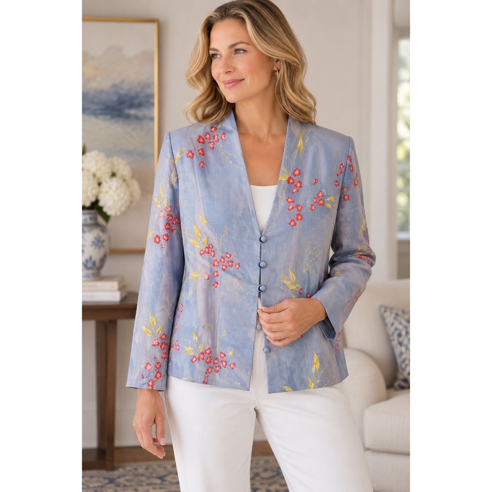 Xi-Ling-Shi Silk Jacket Womens L Blue Good Embroidered Floral Chinoiserie Luxury
